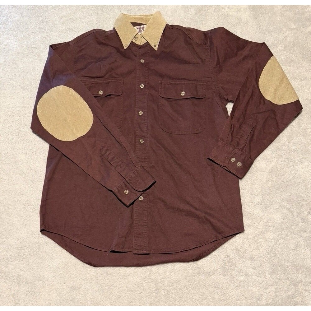 Wrangler Rugged Wear Long Sleeve Shirt M Maroon Collar Tan Elbow Patches